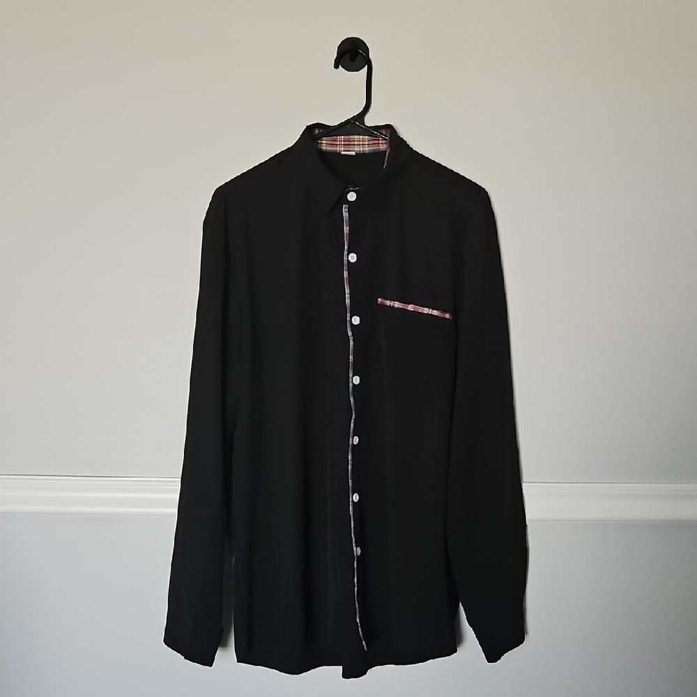 SHEIN Long Sleeve Casual Button Down Shirt Plaid Trim Front Pocket L Black Red